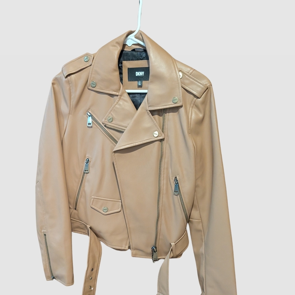 DKNY Beige Leather Moto Jacket